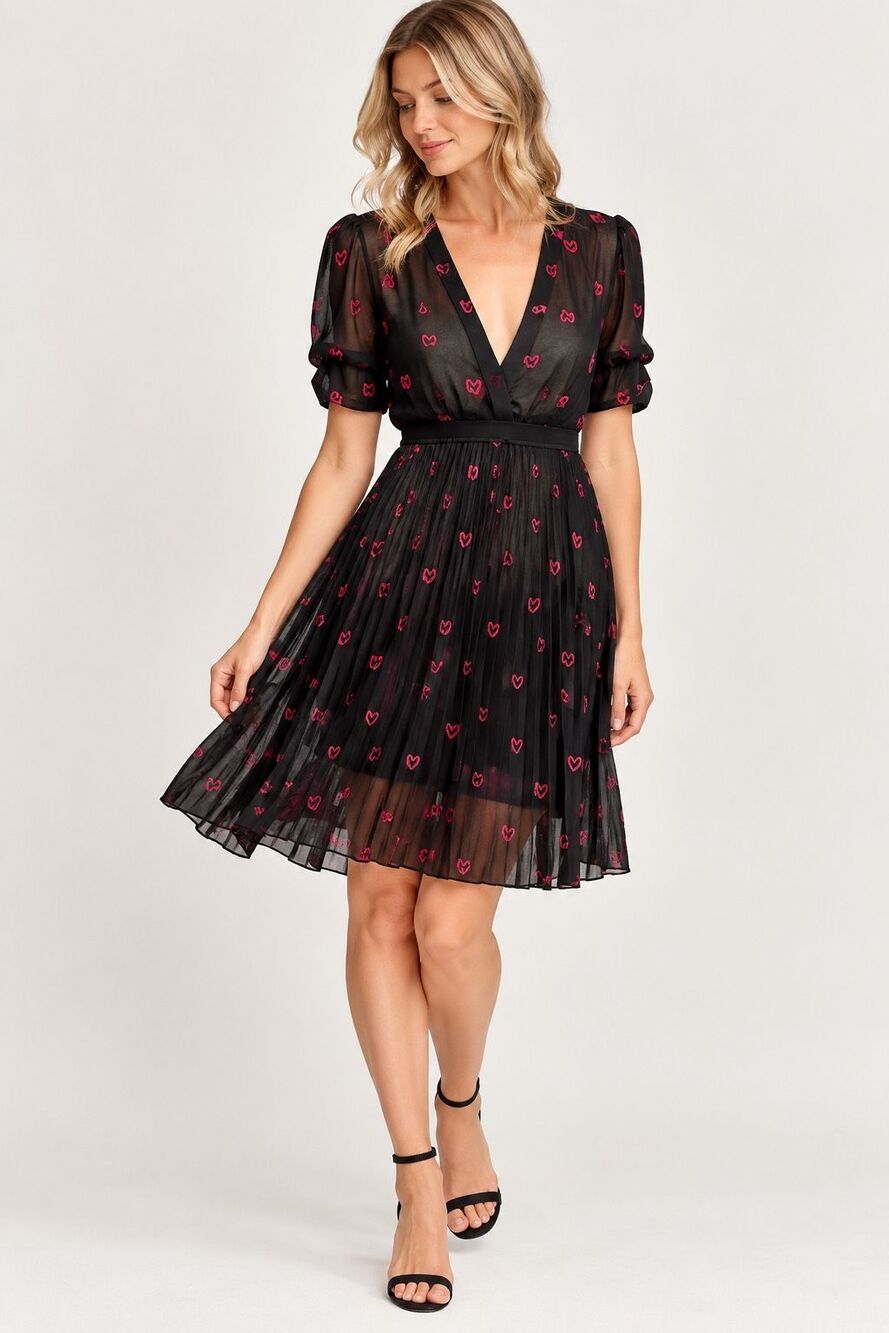 Maje Rengia Heart Embroidered Sheer Pleated V Neck Dress Black Pink Small